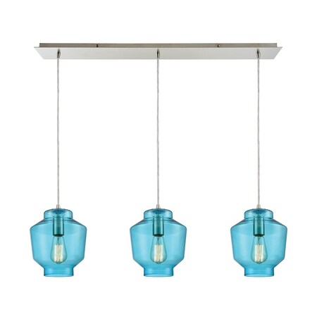 Elk Lighting Barrel 3-Lght Linear Mini Pndnt in Satin Nckl w/Aqua Blown Glass 10915/3LP